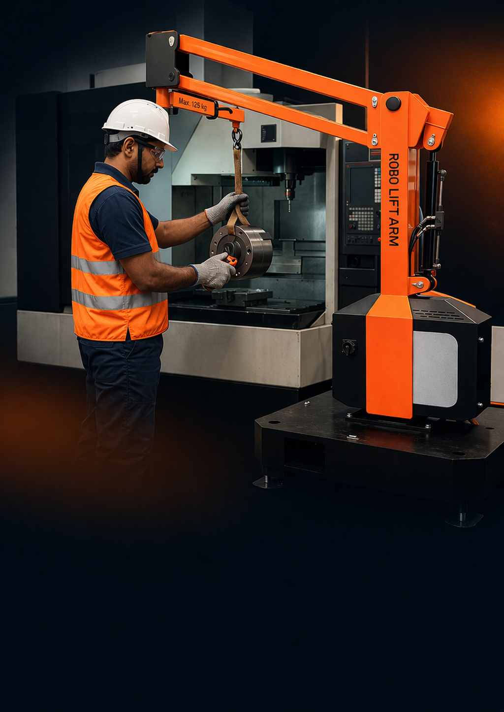 Lifting arm with operator demonstrating zero gravity lifting solution